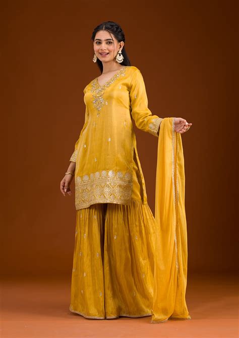 Buy Mustard Zariwork Tissue Readymade Salwar Suit - Koskii