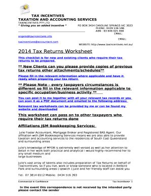 2014 Tax Returns Worksheet Doc Template | pdfFiller
