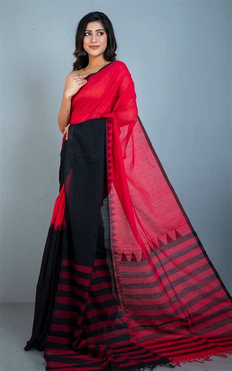 Half and Half Designer Soft Cotton Khaddar Saree in Red and Black ...