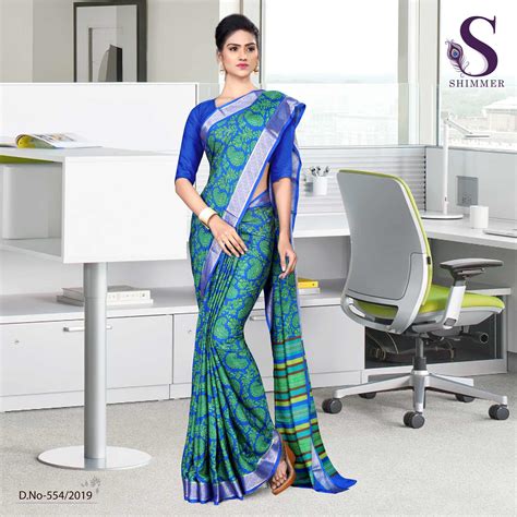 Green Blue Silk Crepe Jaquard Border Teachers Uniform Sarees