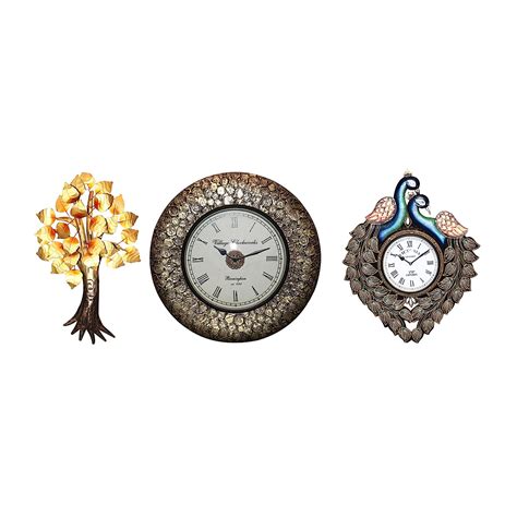 Buy Wooden Art Iron Peepal Tree Showpiece & Wooden Round Clock & Wooden ...