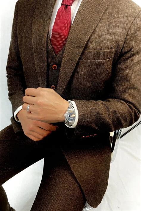 Men Tweed Suit Brown Winter Suit Three Piece Slim Fit Suit Sainly ...