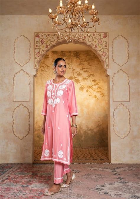 Chanderi Chikankari Solid Women's 2 PC Long Kurta Set - Pink