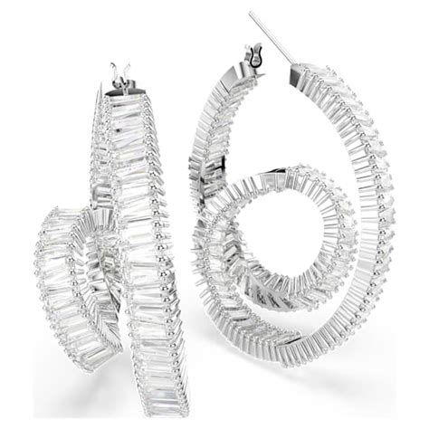 Matrix hoop earrings, Baguette cut, Ribbon, White, Rhodium plated ...