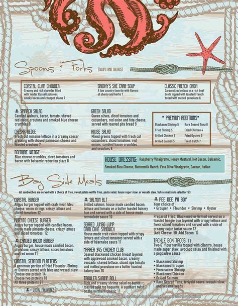 Snooky's on the Water menu in Little River, South Carolina, USA