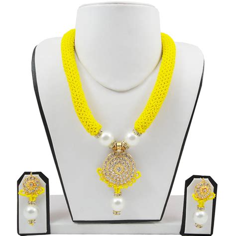 Yellow Jeko Moti Necklace with Diamond Stone Pendant | Fashionvalley