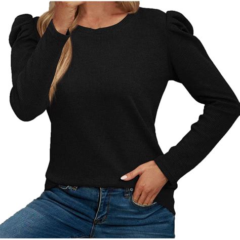 Women's Puff Long Sleeve Sweaters Dressy Crewneck Casual Winter Waffle ...