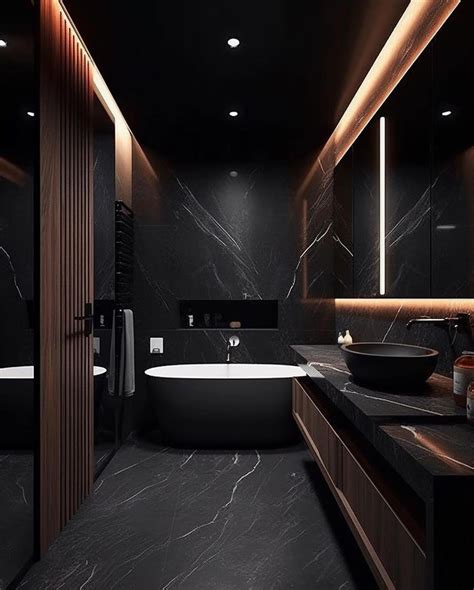 Black Stone Modern Bathroom Wood Slat Accents | Modern bathroom design ...