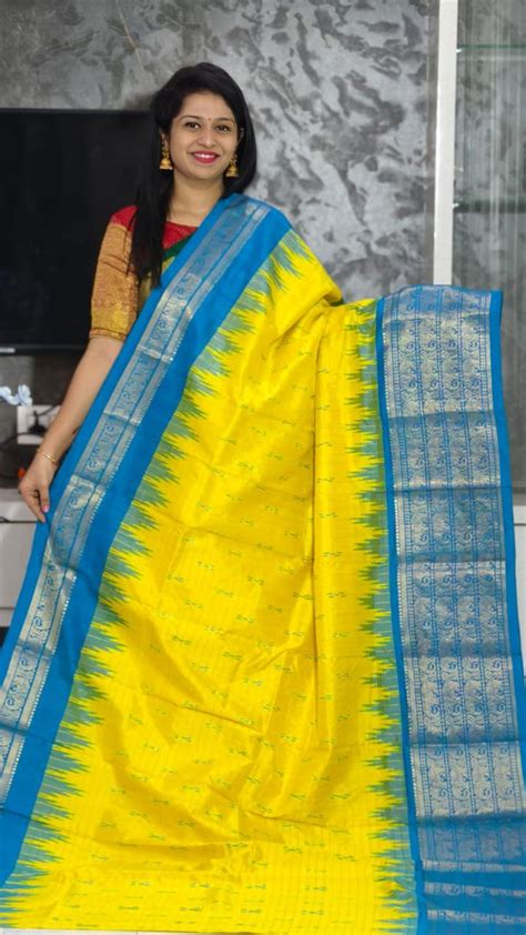 Pure Pochampally Ikkat Silk Kanchi Border Yellow Body Ananda Blue Pallu ...