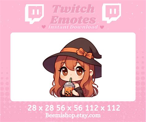 Chibi Girl Ginger Witch Drinking Boba Halloween Spooky Tea Kawaii Adorable Twitch Discord Emote ...