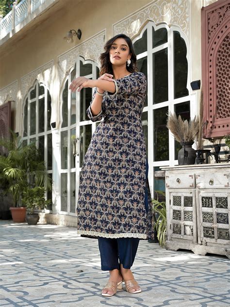 Navy Blue Printed Zari Work Kurta Trouser Set – Yufta Store