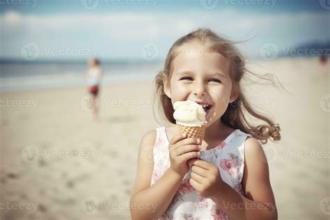 Happy little girl is eating ice cream on the beach on a sunny day. Copy space. AI generated ...
