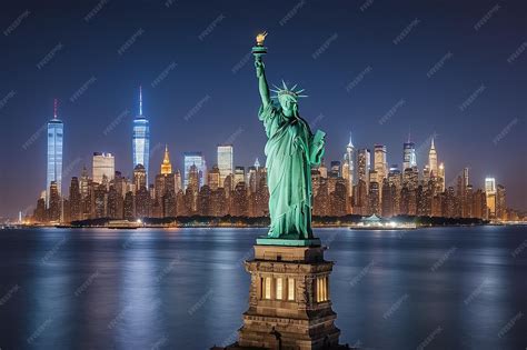 Premium Photo | Manhattan panoramic skyline at night Statue of Liberty ...