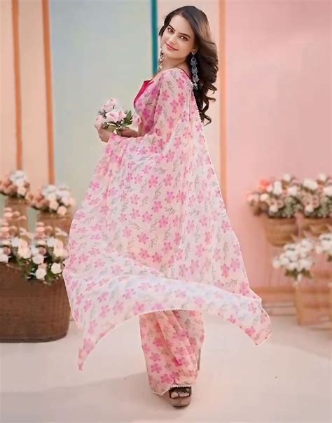 Baby Pink Georgette Ready To Wear Saree With Printed Work – Sareewave
