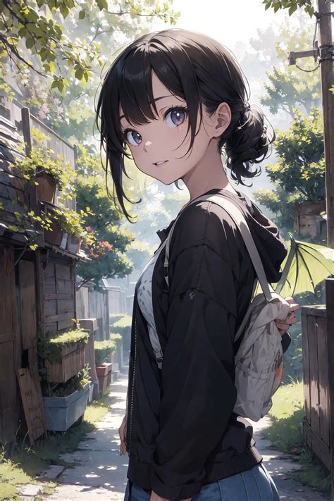 Anime girl with backpack walking down a street in a village - SeaArt AI