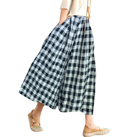 Audhol Gingham Pants, Women's Cotton Linen Pants Elastic Waist Plaid ...
