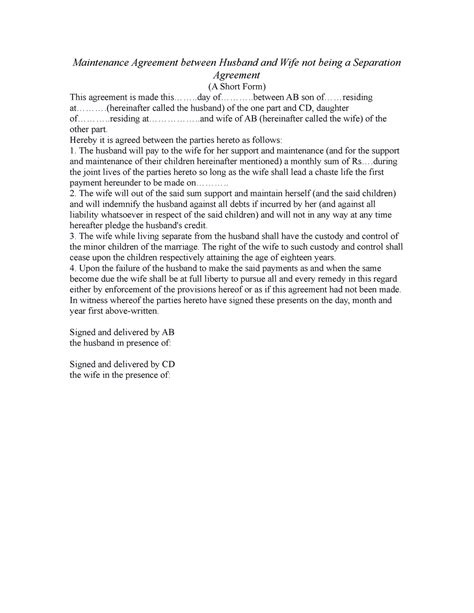 Mainten Agreement between Spouses not being Separation - Maintenance ...