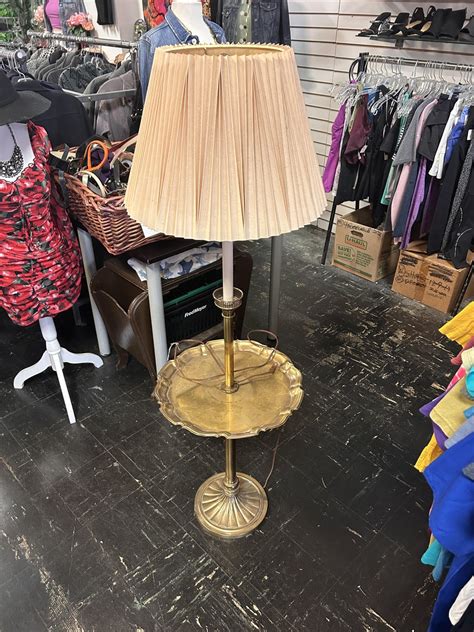 1970s Vintage Brass 62” Twin Socket Floor Lamp w/ Brass Tray & Pleated ...