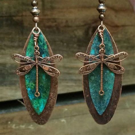 Vintage Antique Copper Dragonfly & Teal Green Leaf Design Alloy Long ...
