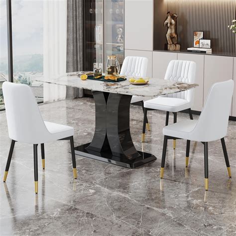 Sumdeal 63" Morden Faux Black Marble Dining Room Table Set,Big Kitchen ...