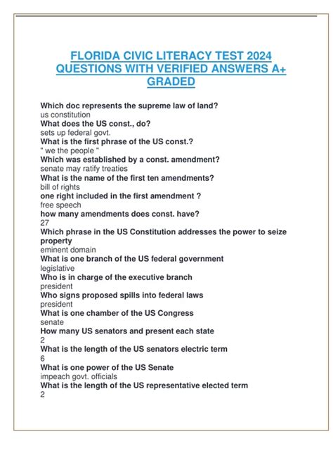 FLORIDA CIVIC LITERACY TEST 2024 QUESTIONS WITH VERIFIED ANSWERS A+ ...