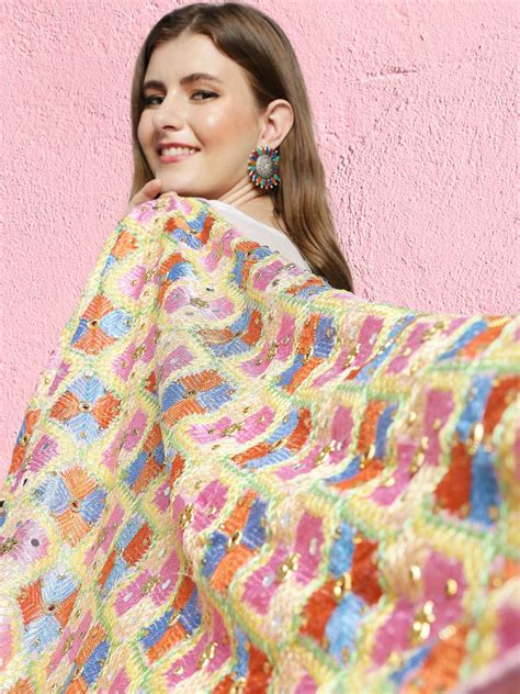 Multicoloured Embellished Phulkari Chiffon Dupatta Dupatta Bazaar