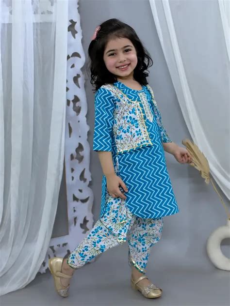 Junitos Blue Pure Cotton Waist Coat Attached Kurti With Dhoti Price in ...