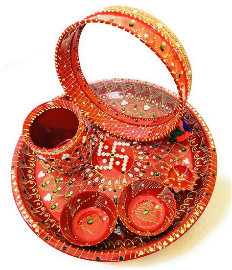 BAISA Stainless Steel Karwa Chauth Pooja Thali Set (Red) (Thali Size 12 ...