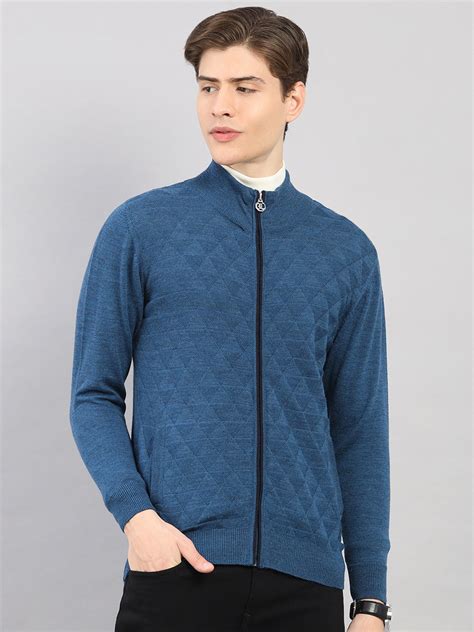 Buy Luxuria Men Blue Self Design Round Neck Full Sleeve Pullover Online ...