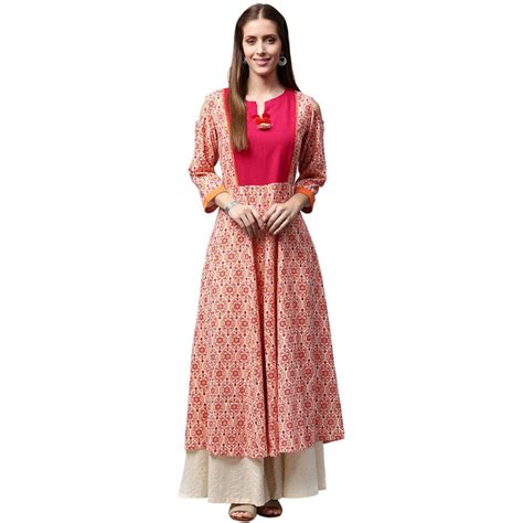 Nayo Peach printed 3/4th sleeve cold shoulder cotton slub Anarkali kur ...