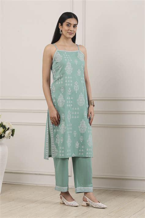 Buy Green Cotton Ethnic Motif Printed Straight Suit Set Online at Biba ...