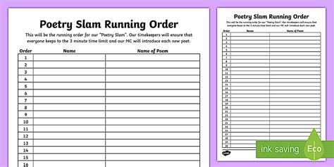 Editable Poetry Slam Sign Up and Running Order Writing Template