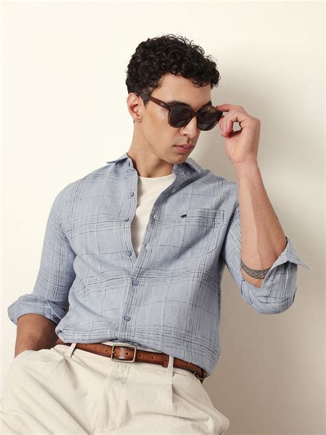 Shop Blue Woven Checked Slim Fit Casual Shirt Online. – bearhouseindia