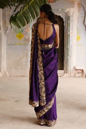 Buy Purple Silk Embroidery, Zari V-neck Gardenia Border Saree With ...