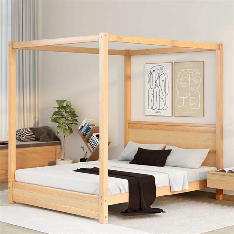 Queen Size Platform Bed Wood Slatted Frame Support Four Poster Bed ...