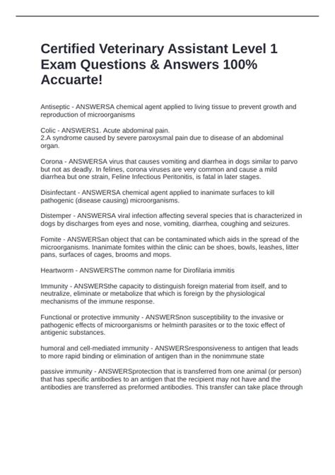 Certified Veterinary Assistant Level 1 Exam Questions & Answers 100% ...