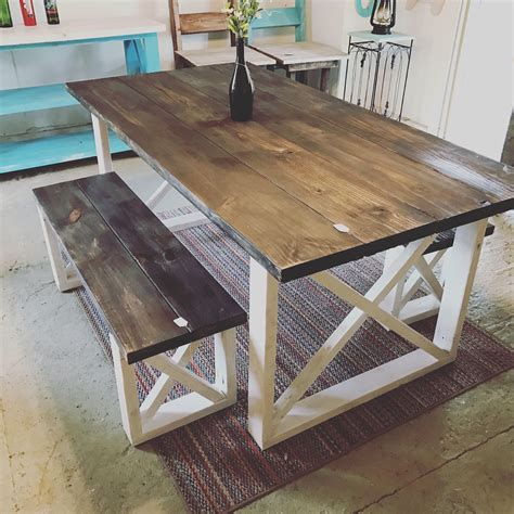 Rustic Farmhouse Table With Benches with Dark Walnut Top and Weathered ...