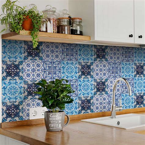 Mi Alma Blue White Multiple Shapes Peel & Stick Vinyl Backsplash Tiles ...