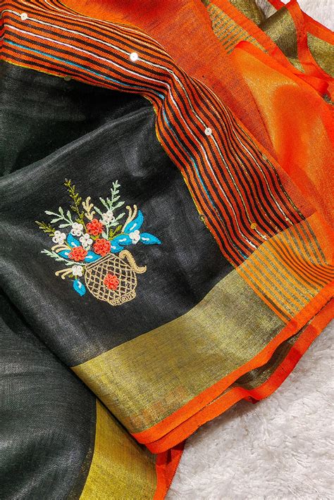 Black Organic Linen French Knot Work Saree | Linen World