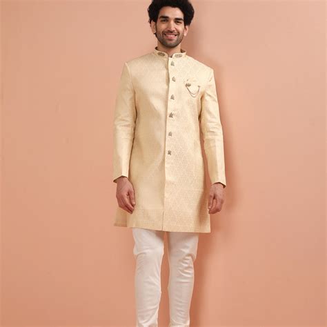 Men Cream Jacquard Indowestern Churidar Set with Ethnic Motifs – Kisah