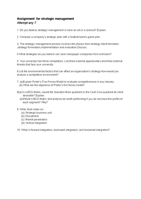 Strategic Management Assignment Questions - BBA32022 - Studocu