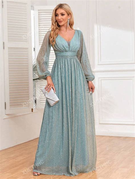 V-Neck Sequin Lantern Sleeve Prom Gown Dress, Wedding Guest Dress For ...
