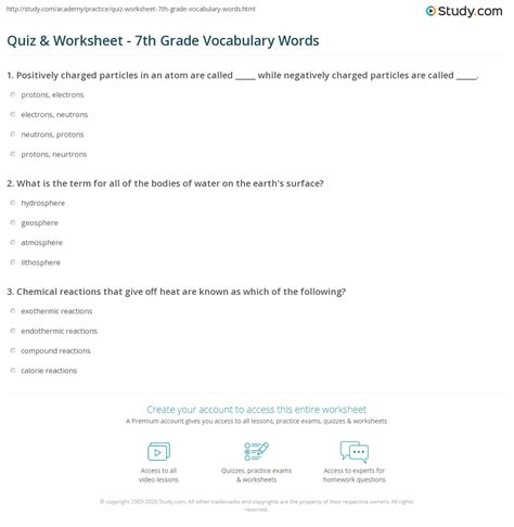 7th Grade Vocabulary Words Worksheets