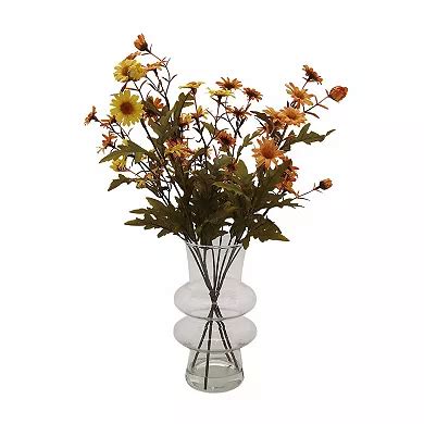 Artificial Chrysanthemums In Glass Vase Floral Arrangement Table Decor