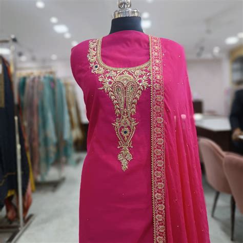 Hot Pink Chanderi Suit - Beautiful Zardosi Neck Design - Classy Chiffon ...