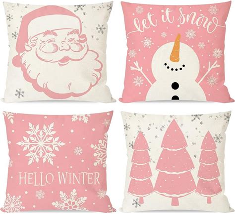 Pink Christmas Pillow Covers 18x18 Set of 4 Santa Claus Christmas Tree ...