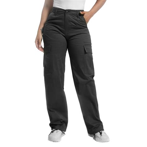Womens Black Baggy Cargo Pants Relaxed Fit Straight Wide Leg Cotton ...