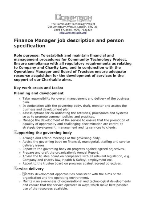 Finance Manager job description and person specification