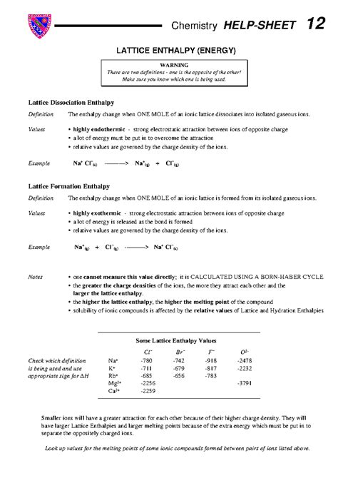 Chemistry 12: Lattice Enthalpy Definitions and Examples - Studocu