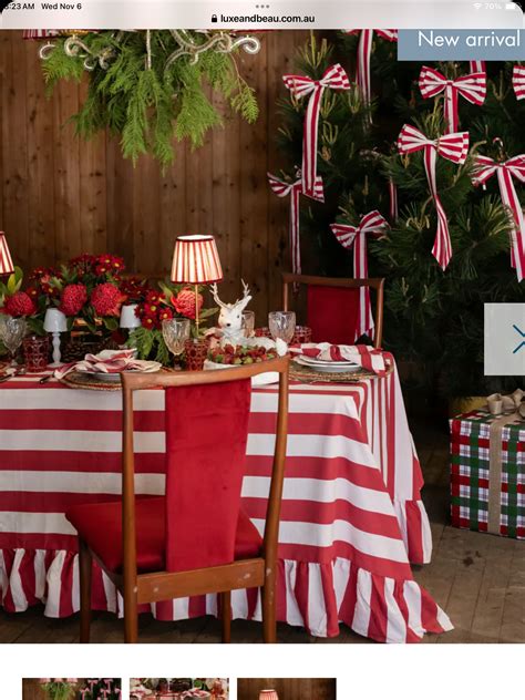 Red and white stripe christmas decor | Plaid table cloth christmas ...